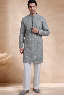 Slate Green Georgette Embroidery Mens Wedding Kurta Pant Set
