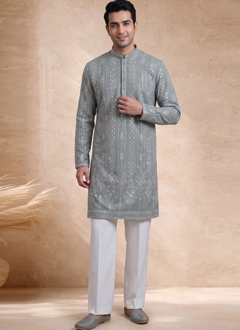 Slate Green Georgette Embroidery Mens Wedding Kurta Pant Set
