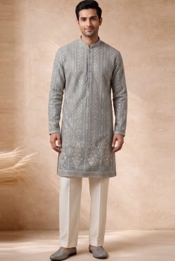 Slate Green Georgette Embroidery Mens Wedding Kurta Pant Set