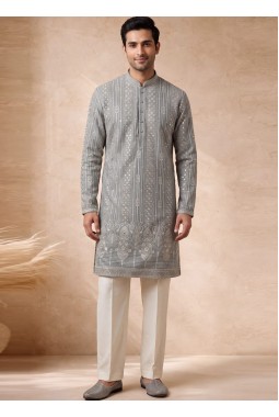 Slate Green Georgette Embroidery Mens Wedding Kurta Pant Set