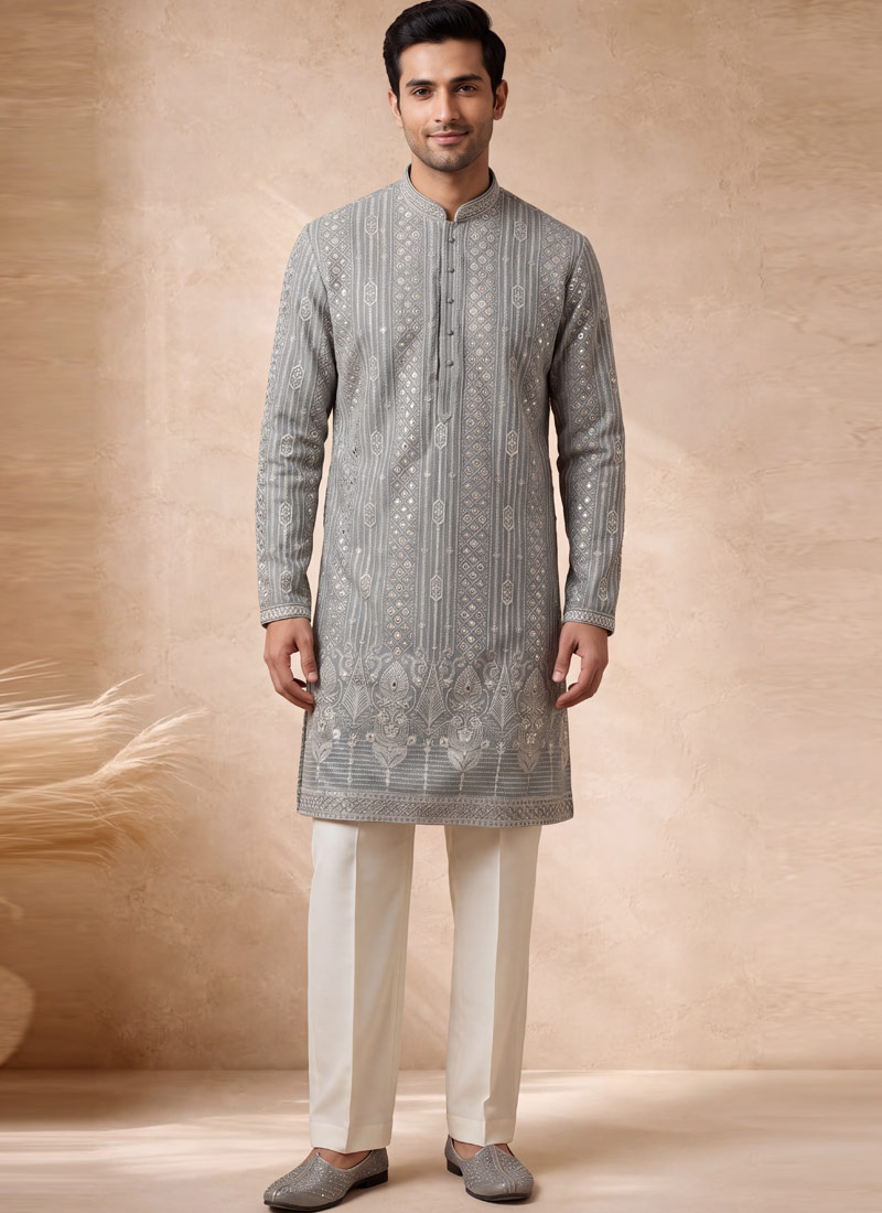 Slate Green Georgette Embroidery Mens Wedding Kurta Pant Set