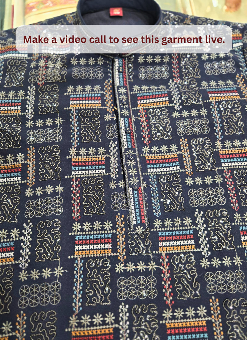Navy Blue Georgette Embroidery Mens Festive Wear Kurta Pant  