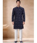 Navy Blue Georgette Embroidery Mens Festive Wear Kurta Pant  