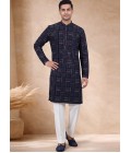 Navy Blue Georgette Embroidery Mens Festive Wear Kurta Pant  