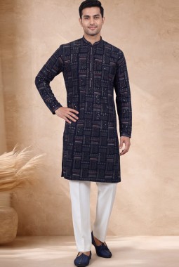 Navy Blue Georgette Embroidery Mens Festive Wear Kurta Pant  