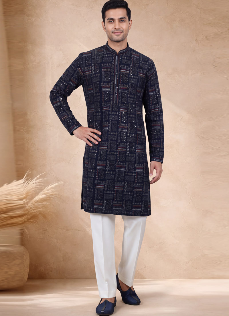 Navy Blue Georgette Embroidery Mens Festive Wear Kurta Pant  