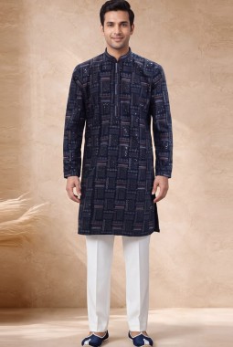 Navy Blue Georgette Embroidery Mens Festive Wear Kurta Pant  