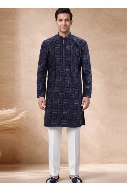 Navy Blue Georgette Embroidery Mens Festive Wear Kurta Pant  