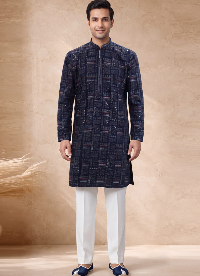 Navy Blue Georgette Embroidery Mens Festive Wear Kurta Pant  