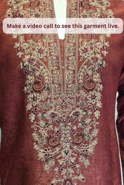 Rust Velvet Embroidery Mens Designer Kurta Pant 