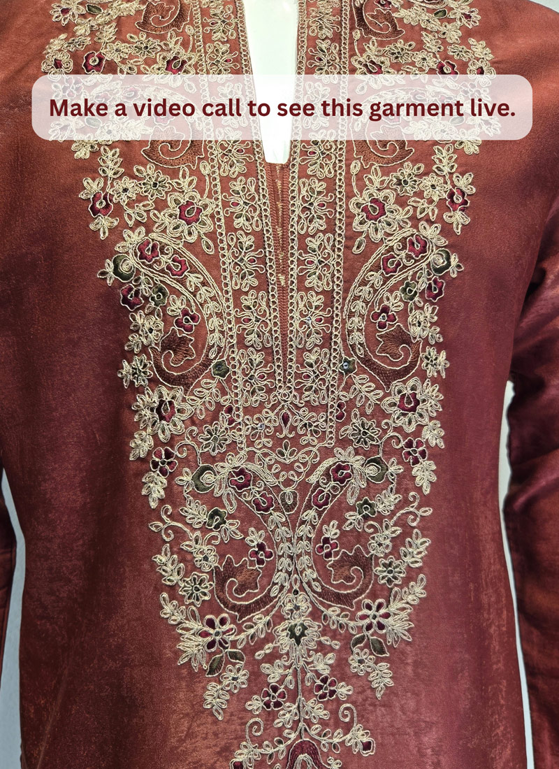Rust Velvet Embroidery Mens Designer Kurta Pant 
