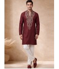 Rust Velvet Embroidery Mens Designer Kurta Pant 