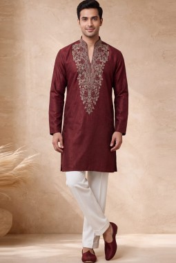 Rust Velvet Embroidery Mens Designer Kurta Pant 