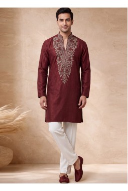 Rust Velvet Embroidery Mens Designer Kurta Pant 