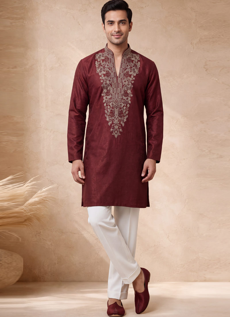 Rust Velvet Embroidery Mens Designer Kurta Pant 