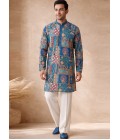 Teal Blue Silk Embroidery Mens Festive Wear Kurta Pant