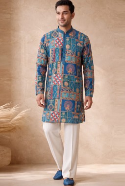 Teal Blue Silk Embroidery Mens Festive Wear Kurta Pant