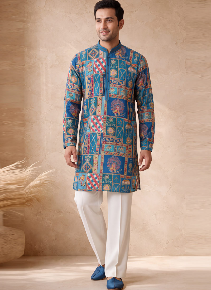 Teal Blue Silk Embroidery Mens Festive Wear Kurta Pant