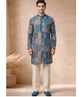 Teal Blue Silk Embroidery Mens Festive Wear Kurta Pant