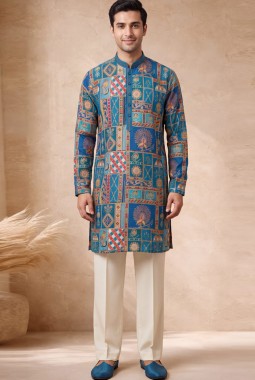 Teal Blue Silk Embroidery Mens Festive Wear Kurta Pant