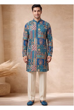 Teal Blue Silk Embroidery Mens Festive Wear Kurta Pant
