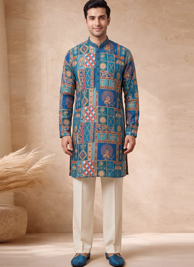 Teal Blue Silk Embroidery Mens Festive Wear Kurta Pant