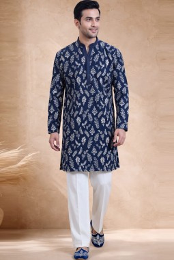 Ink Blue Japanese Embroidery Mens Festive Wear Kurta Pant