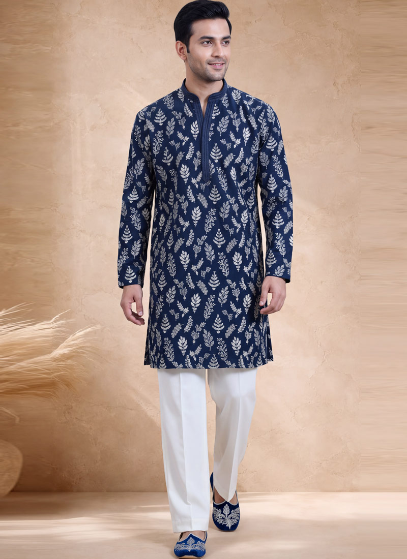 Ink Blue Japanese Embroidery Mens Festive Wear Kurta Pant