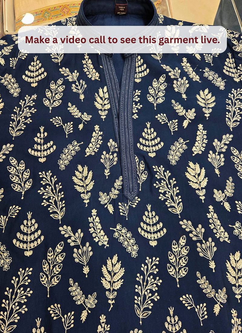 Ink Blue Japanese Embroidery Mens Festive Wear Kurta Pant