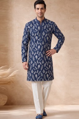 Ink Blue Japanese Embroidery Mens Festive Wear Kurta Pant