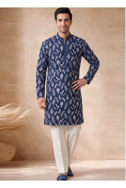Ink Blue Japanese Embroidery Mens Festive Wear Kurta Pant