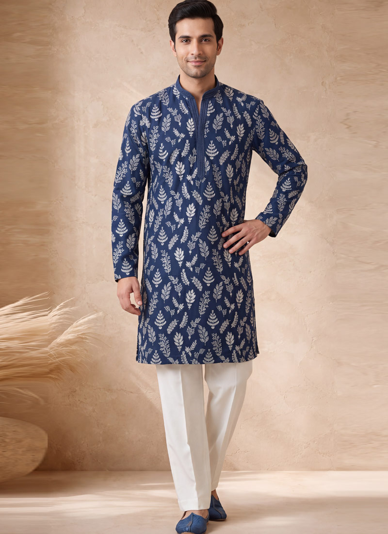 Ink Blue Japanese Embroidery Mens Festive Wear Kurta Pant