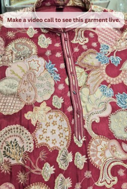 Hot Pink Art Silk Embroidery Mens Wedding Kurta Pant Set