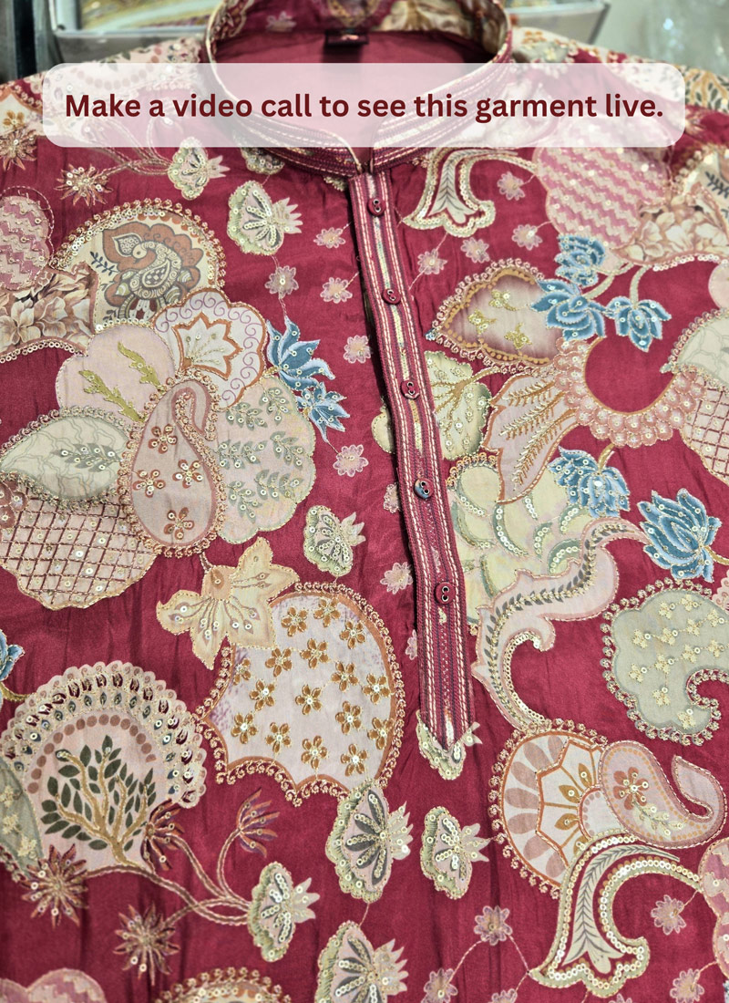 Hot Pink Art Silk Embroidery Mens Wedding Kurta Pant Set