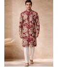 Hot Pink Art Silk Embroidery Mens Wedding Kurta Pant Set