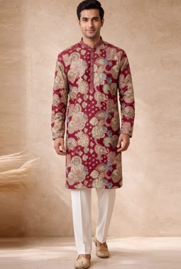 Hot Pink Art Silk Embroidery Mens Wedding Kurta Pant Set