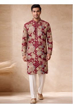 Hot Pink Art Silk Embroidery Mens Wedding Kurta Pant Set