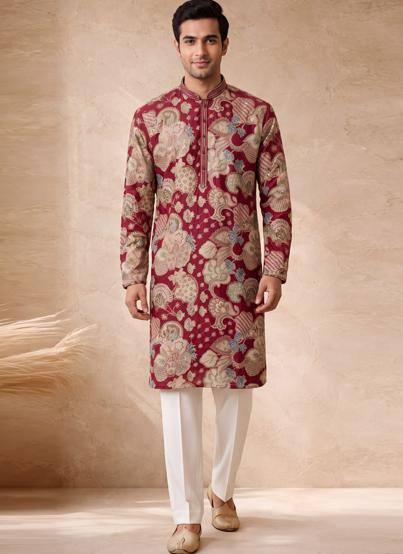 Hot Pink Art Silk Embroidery Mens Wedding Kurta Pant Set