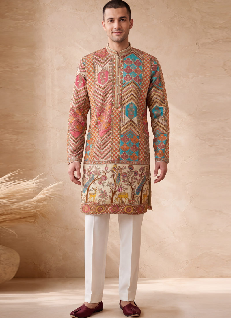 Multi Color Art Silk Embroidery Mens Festive wear Kurta Pant