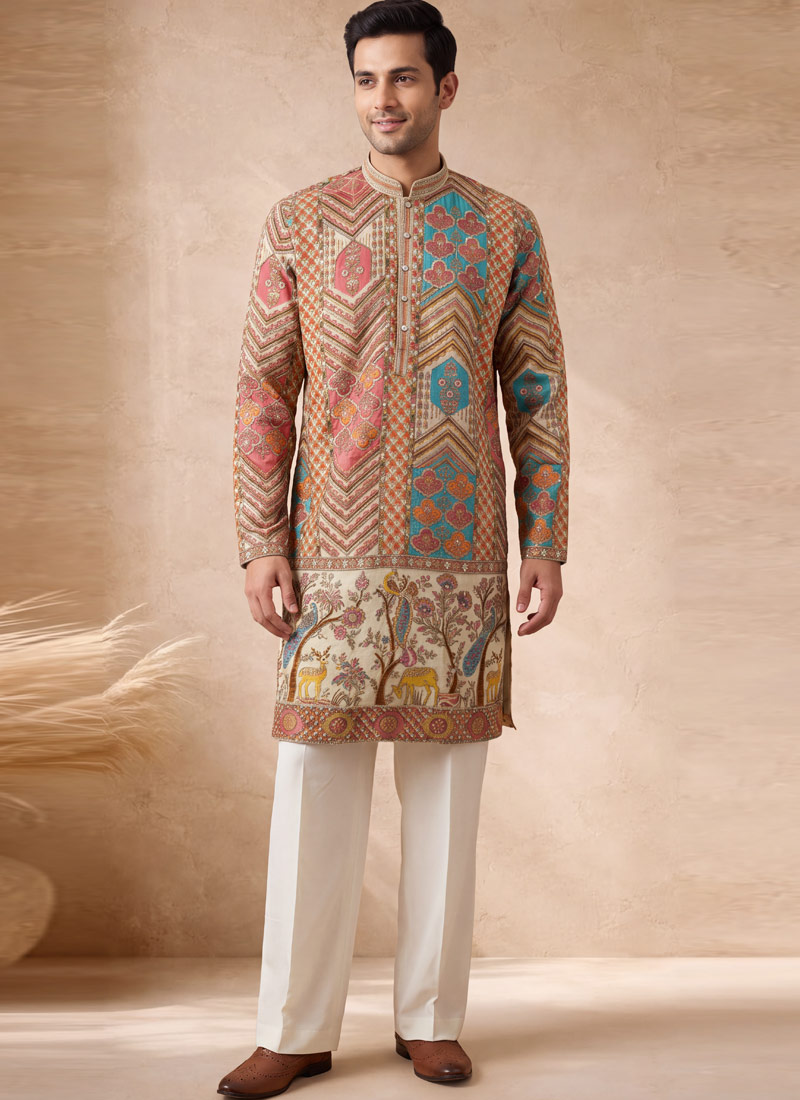 Multi Color Art Silk Embroidery Mens Festive wear Kurta Pant