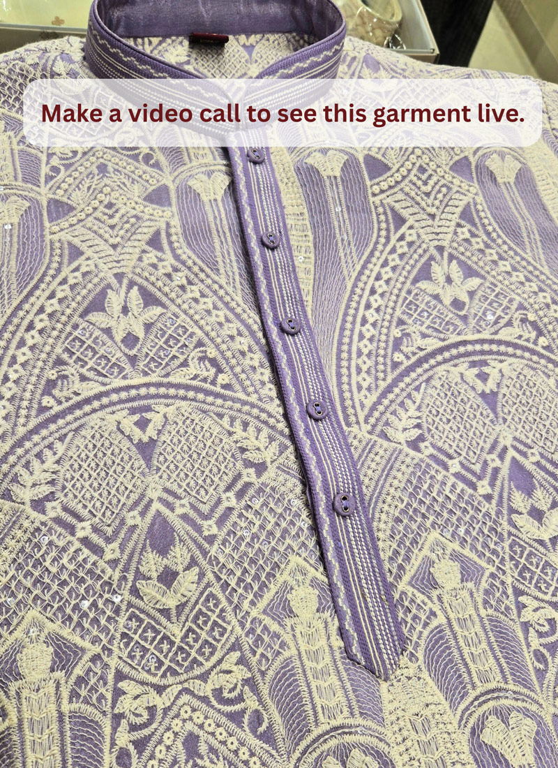 Lilac Tissue Embroidery Mens Wedding Kurta Pant Set