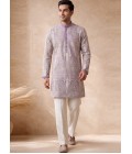 Lilac Tissue Embroidery Mens Wedding Kurta Pant Set