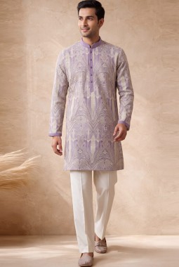 Lilac Tissue Embroidery Mens Wedding Kurta Pant Set