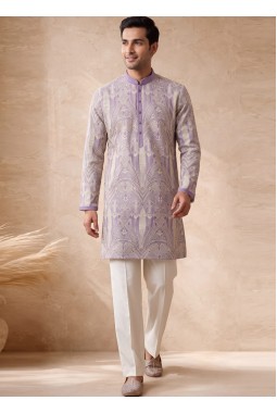 Lilac Tissue Embroidery Mens Wedding Kurta Pant Set