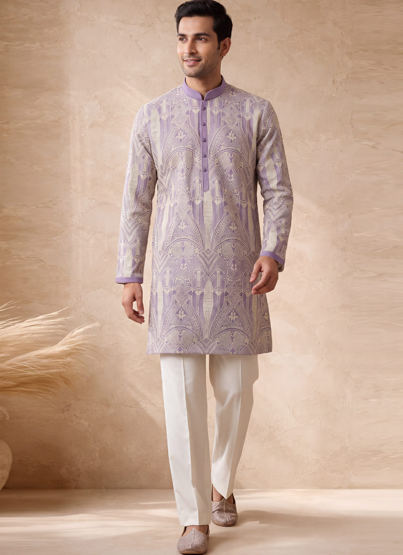 Lilac Tissue Embroidery Mens Wedding Kurta Pant Set