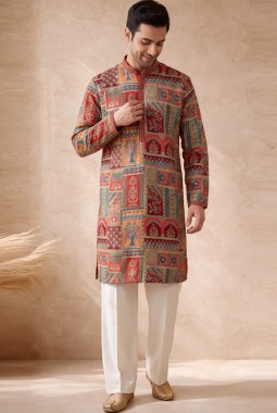Multi Color Art Silk Embroidery Mens Wedding Kurta Pant