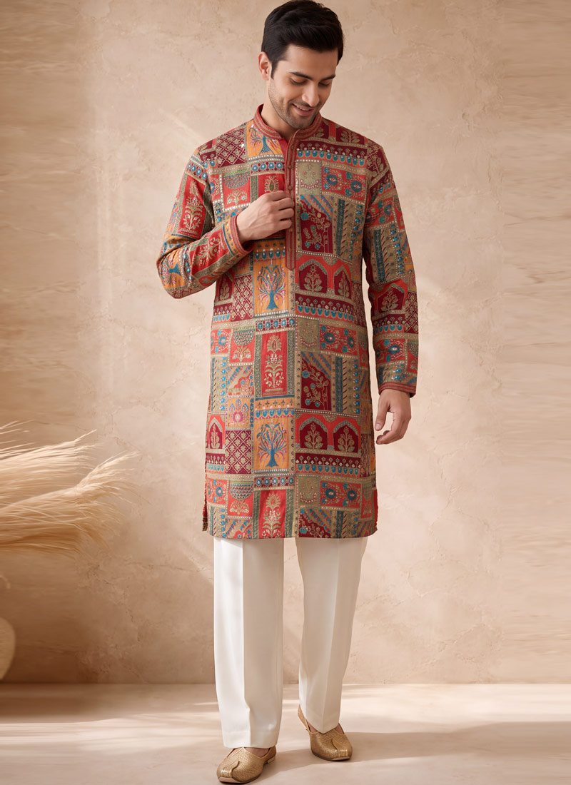 Multi Color Art Silk Embroidery Mens Wedding Kurta Pant