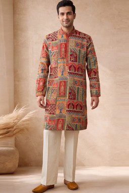 Multi Color Art Silk Embroidery Mens Wedding Kurta Pant