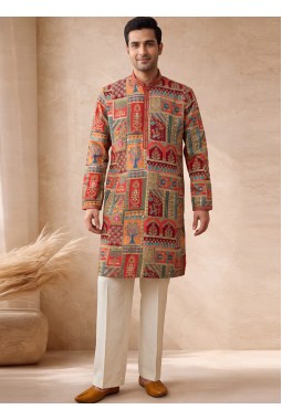 Multi Color Art Silk Embroidery Mens Wedding Kurta Pant