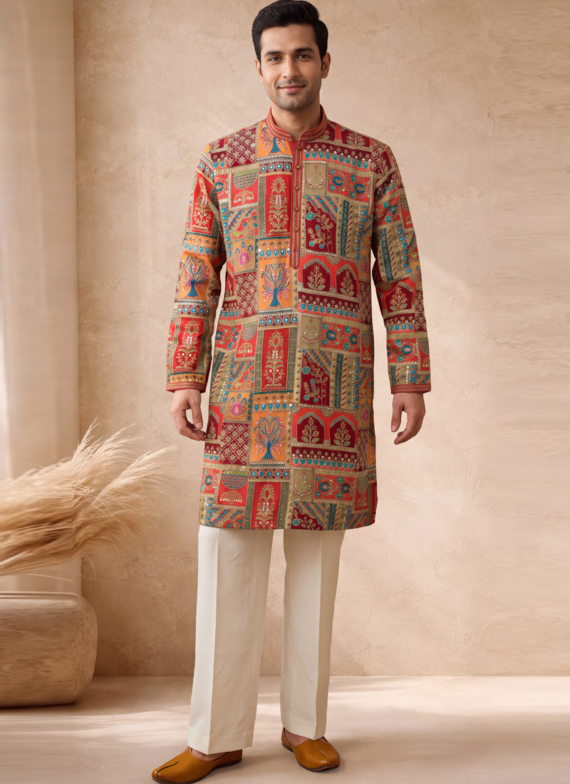 Multi Color Art Silk Embroidery Mens Wedding Kurta Pant